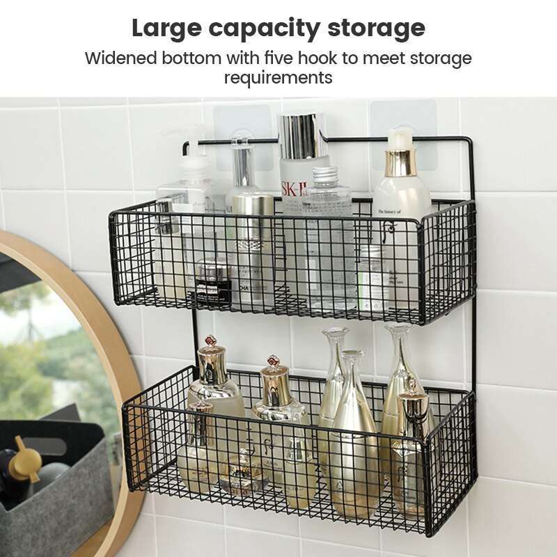 2 Layer Shelving Basket, Wall Mounted Bathroom Rack, Multifunctional Toiletries Organizer, Free Punch Condiment Storage Basket, Kitchen Wall-mounted Storage Basket 2 Layer Shelving Basket, Wall Mounted Bathroom Rack, Multifunctional Toiletries Organizer, Free Punch Condiment Storage Basket, Kitchen Wall-mounted Storage Basket